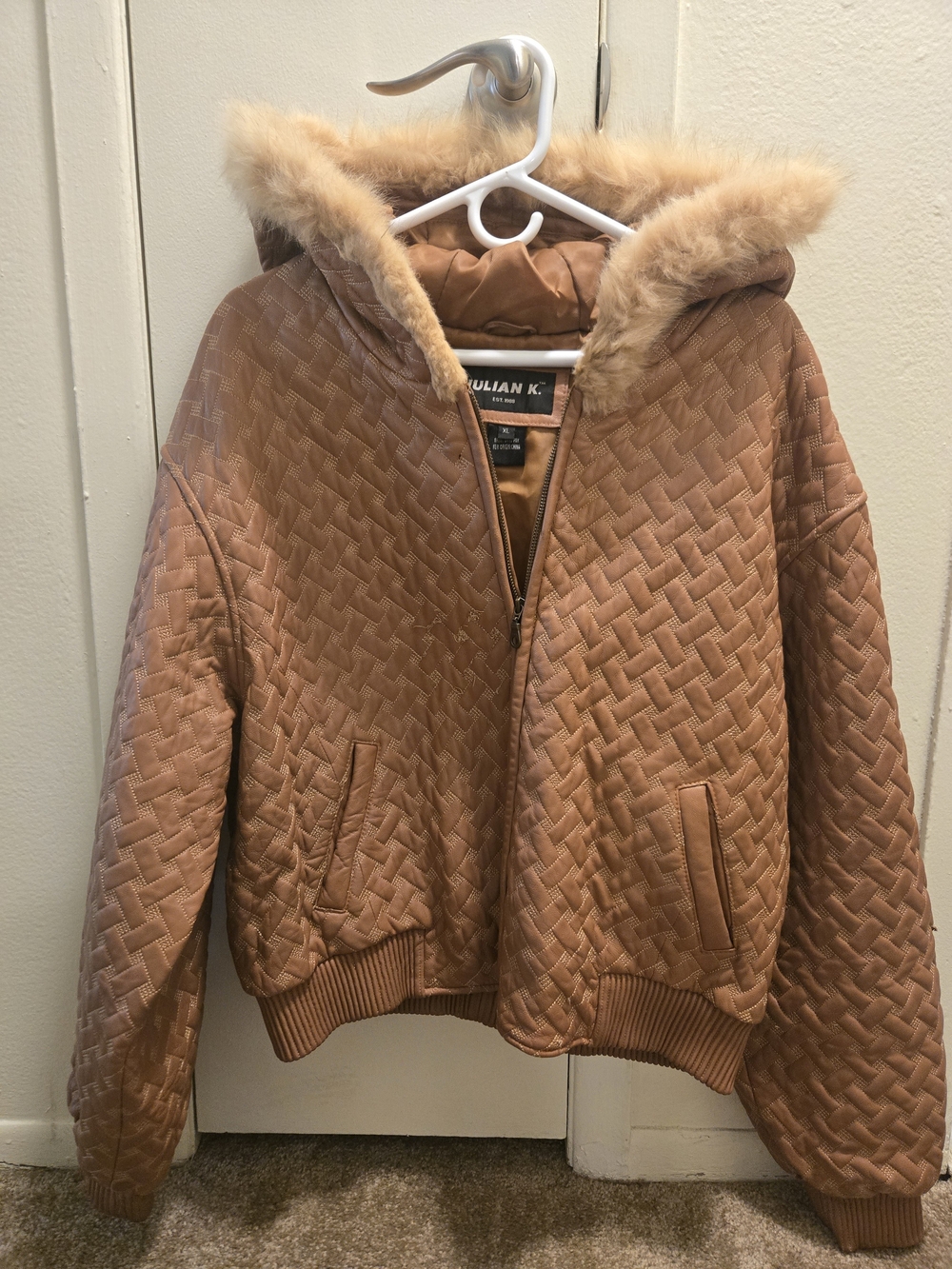 Women's Quilted Fox-Fur Trim Hooded Jacket - Tan